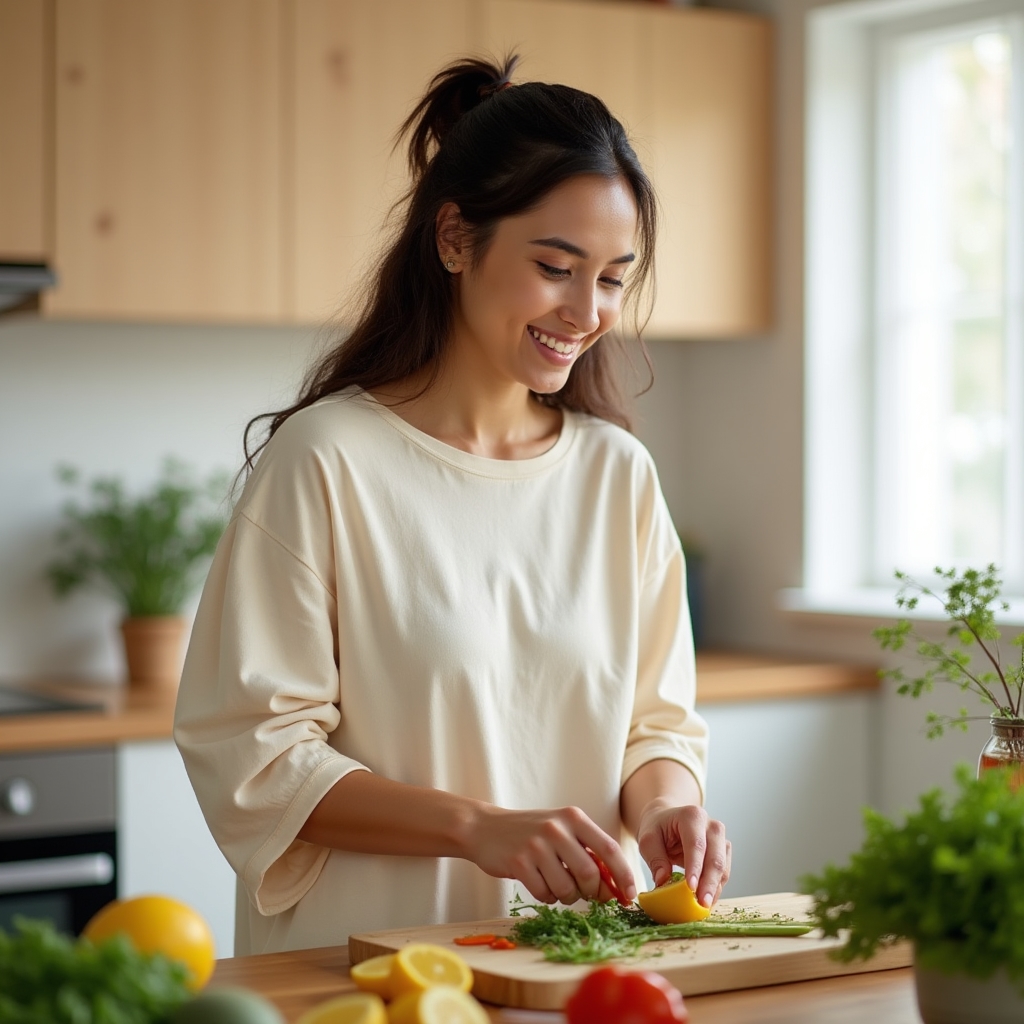 Femme préparant un repas sain dans une cuisine lumineuse