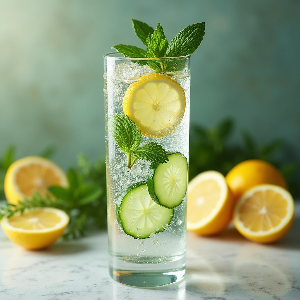 Verre d'eau avec citron et herbes fraîches pour l'hydratation