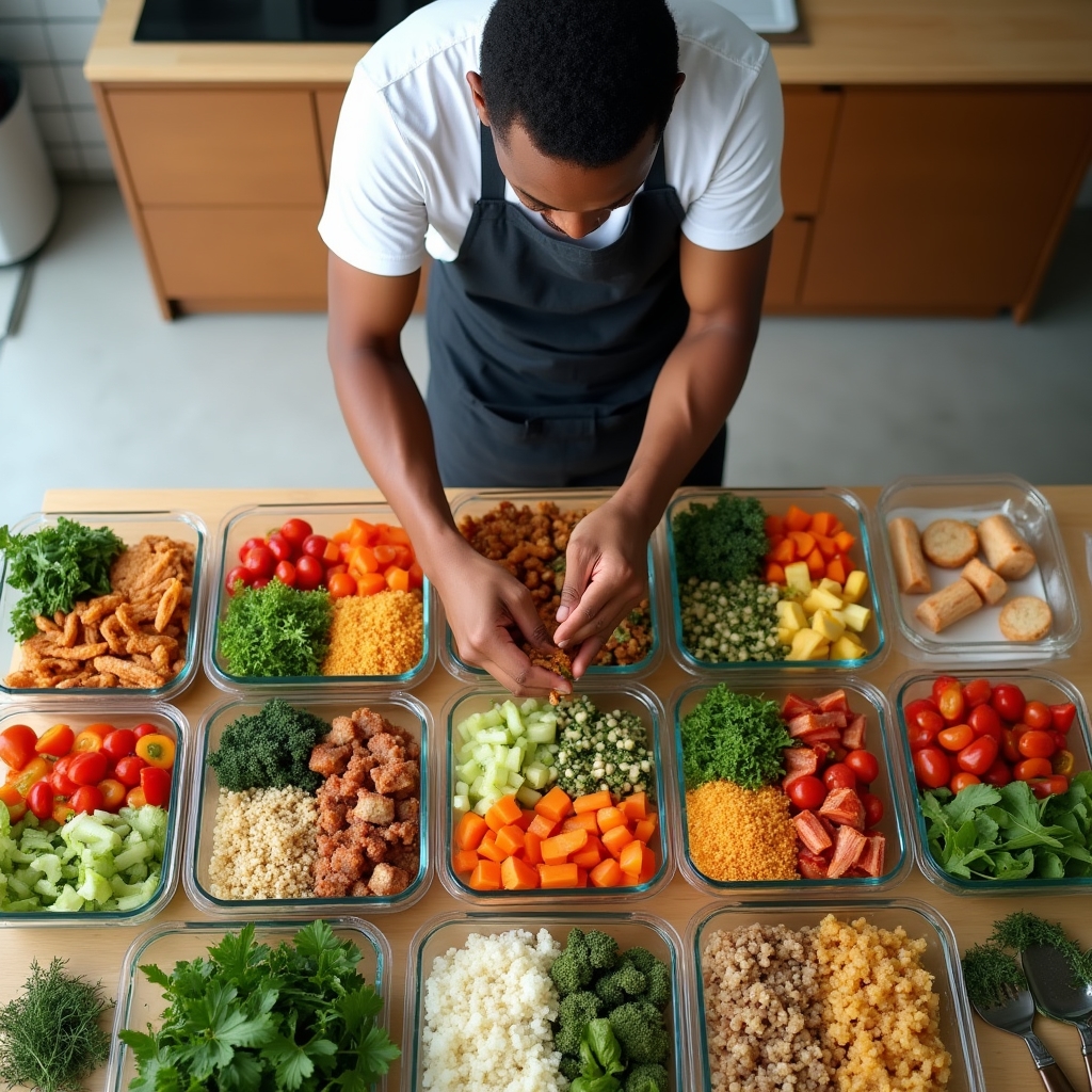 Meal prep hebdomadaire avec contenants et légumes colorés